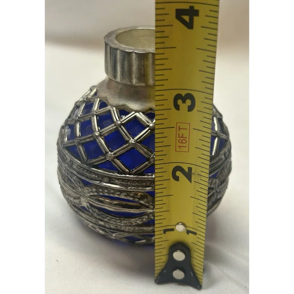 VTG Godinger Blue Glass Ball With Silver Overlay Candleholder